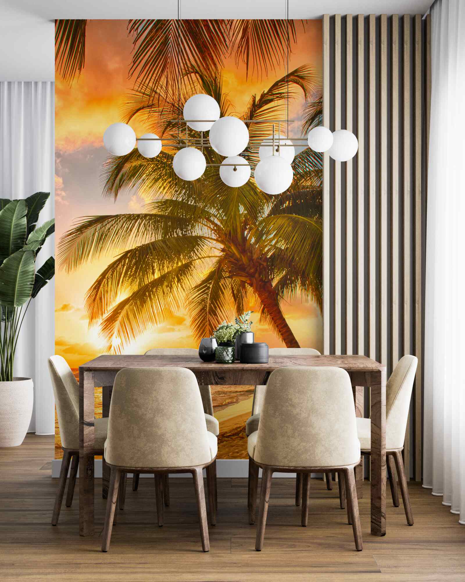 Fototapeta zachód słońca oświetla palmę na plaży