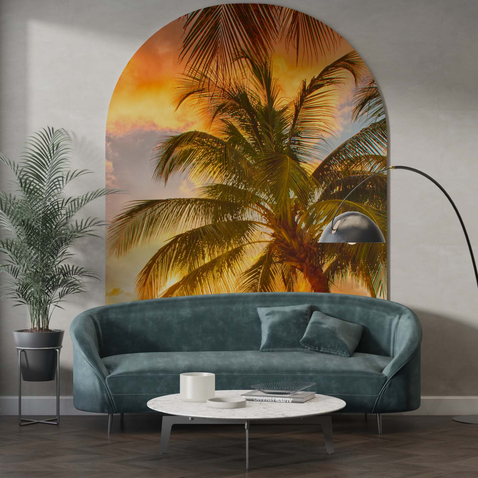 Fototapeta zachód słońca oświetla palmę na plaży