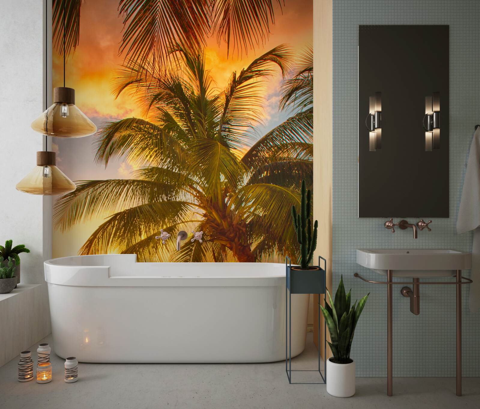 Fototapeta zachód słońca oświetla palmę na plaży