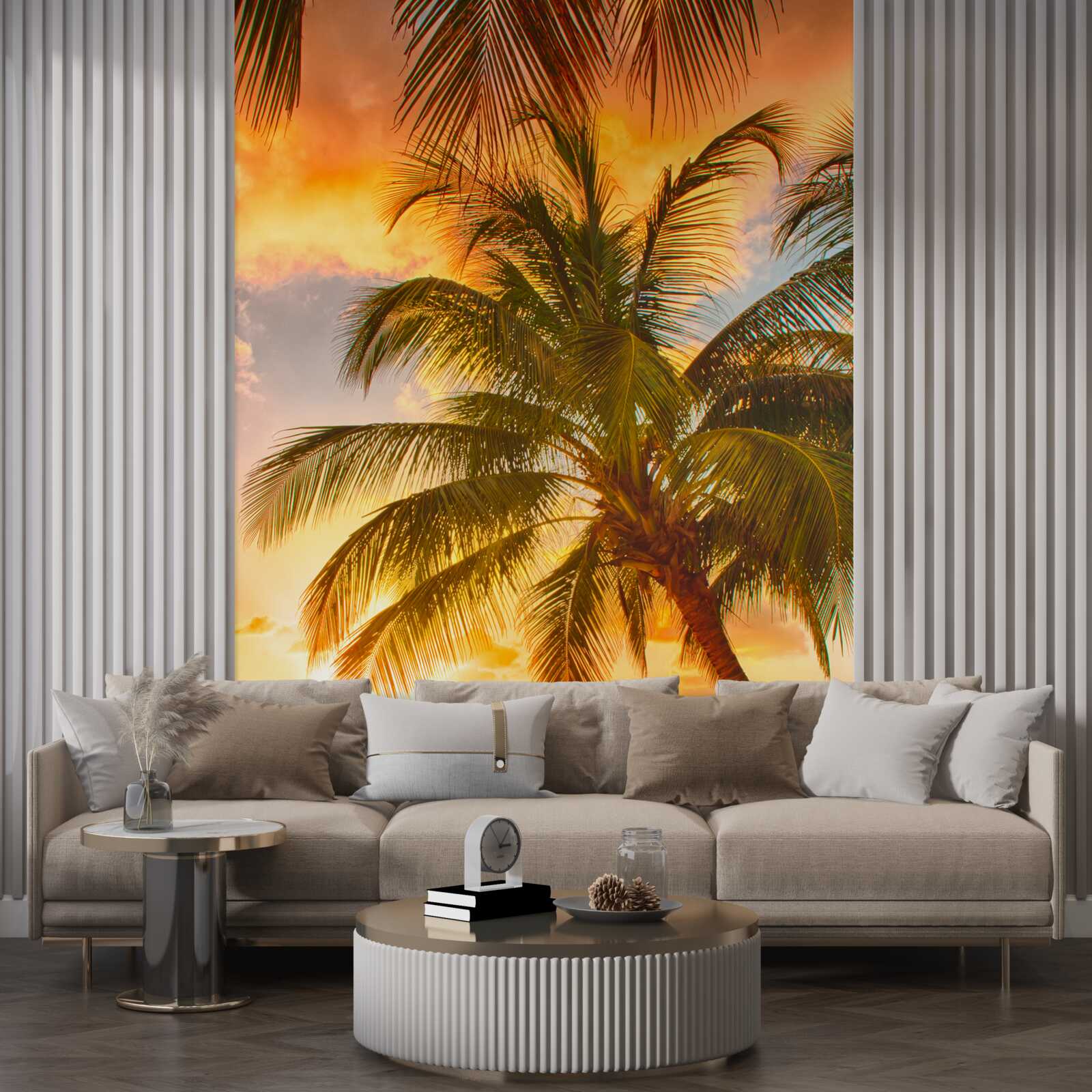 Fototapeta zachód słońca oświetla palmę na plaży