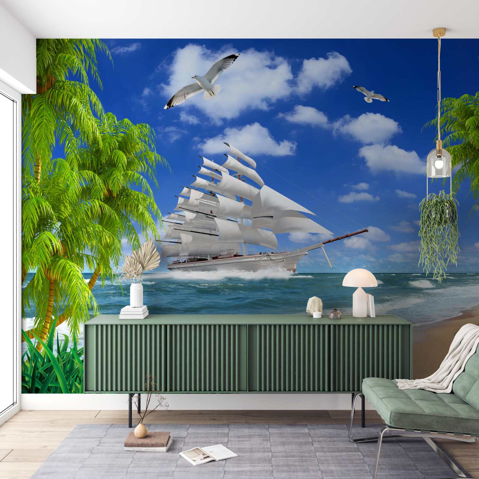 Fototapeta statek i drzewa tropikalne