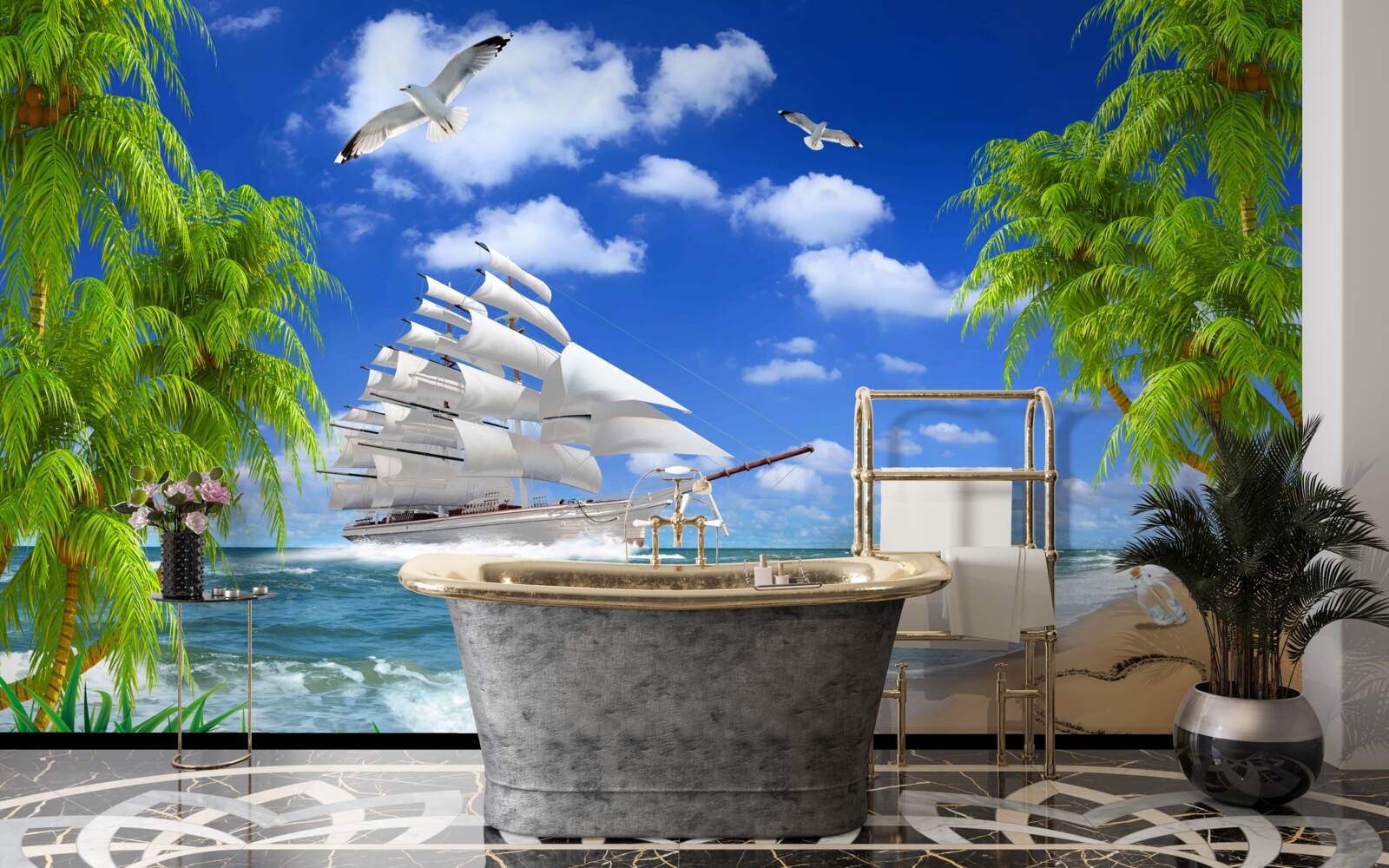 Fototapeta statek i drzewa tropikalne