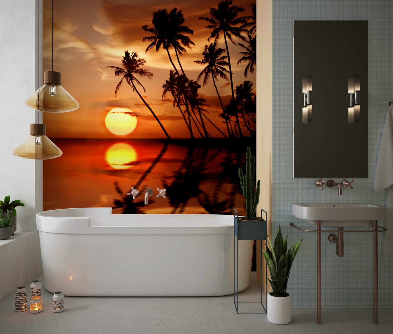 Fototapeta zachód słońca na tle palm