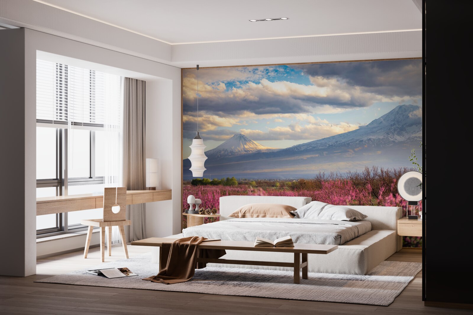 Fototapeta u podnóża gór dumnie kwitną wiśnie