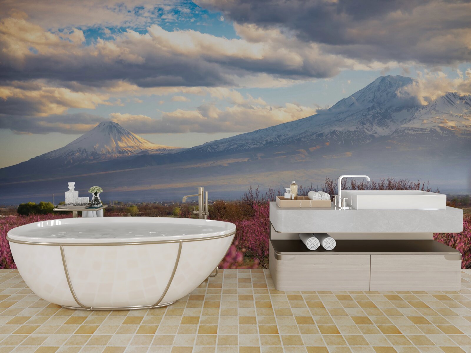 Fototapeta u podnóża gór dumnie kwitną wiśnie