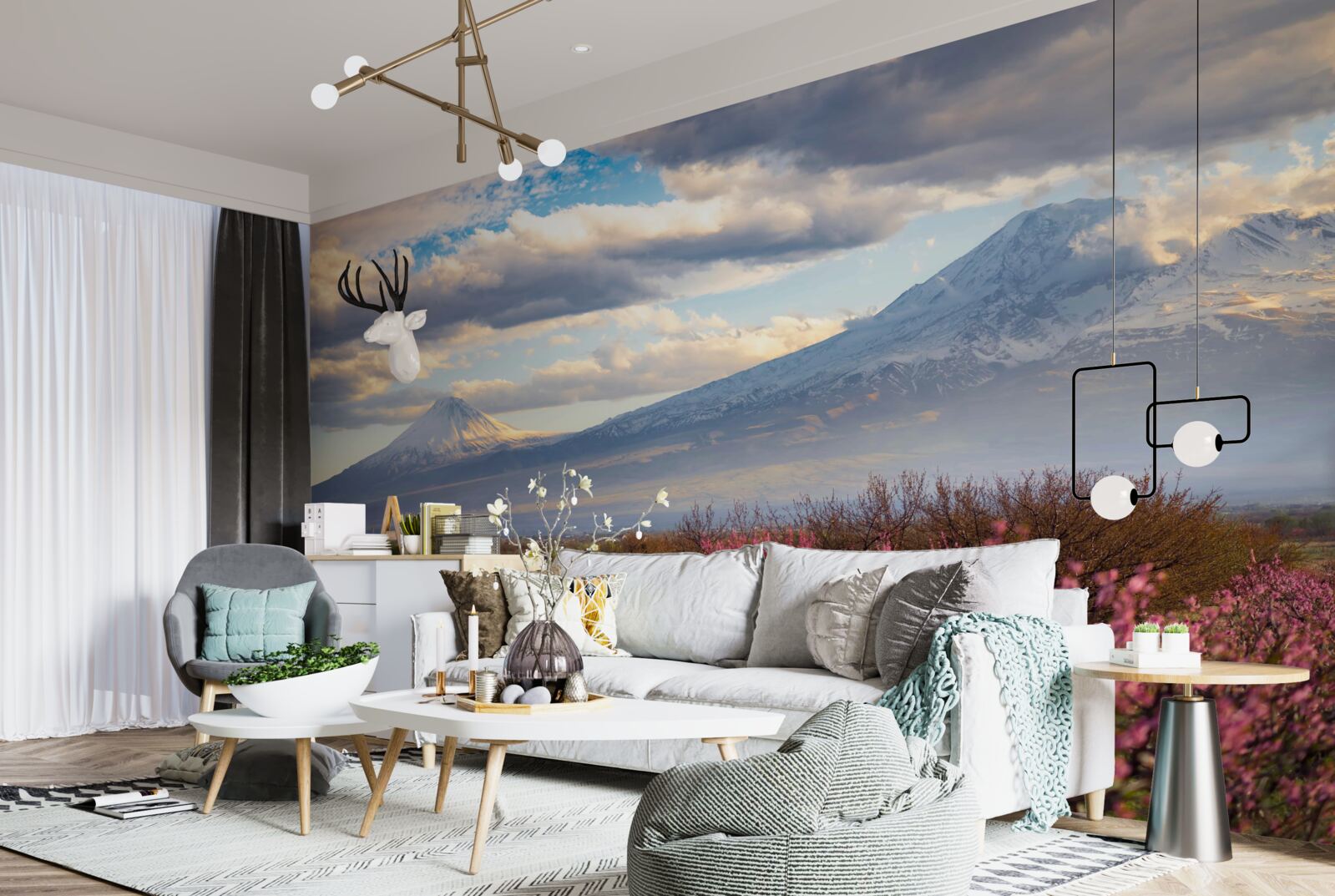 Fototapeta u podnóża gór dumnie kwitną wiśnie