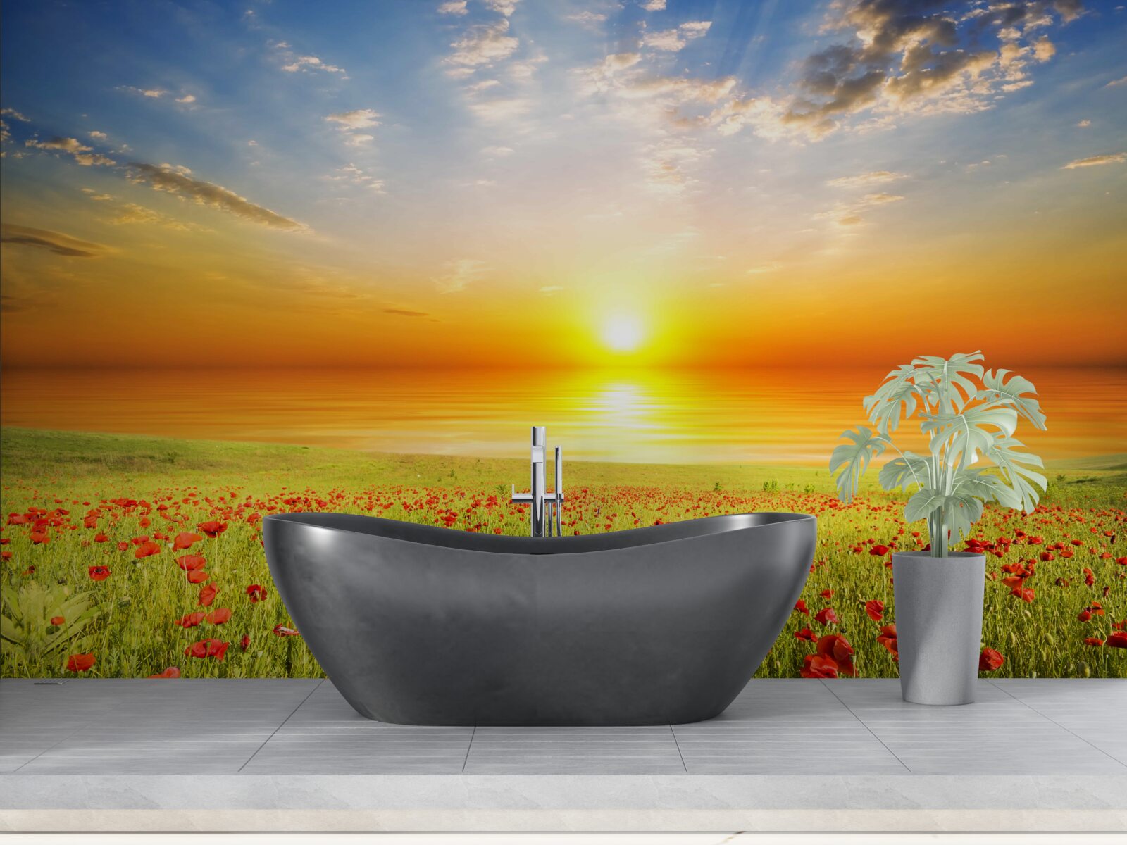 Fototapeta tego lata zachód słońca na łące usianej makami jest pełen kolorów