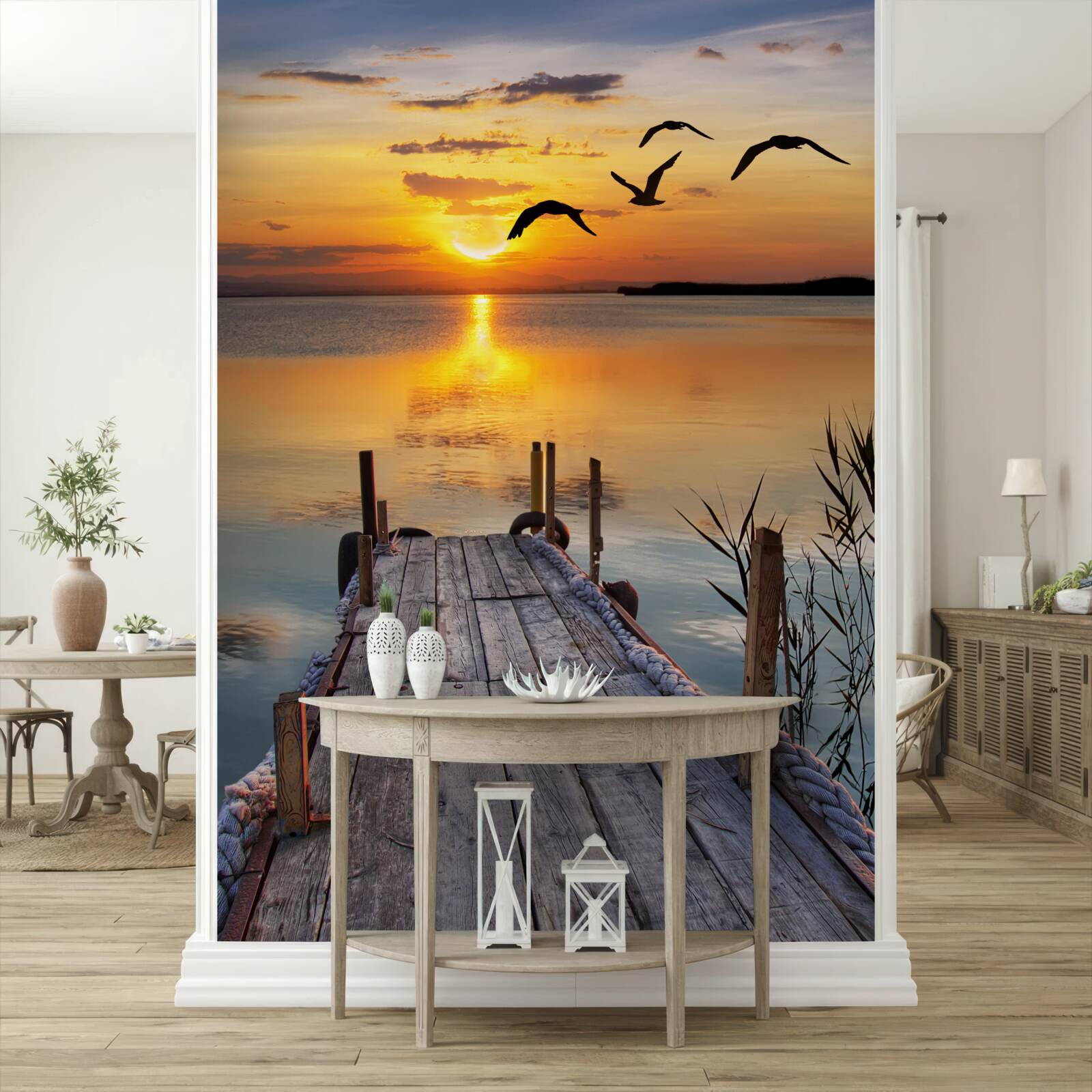 Fototapeta ciepły zachód słońca na moście, gdzie krążą mewy