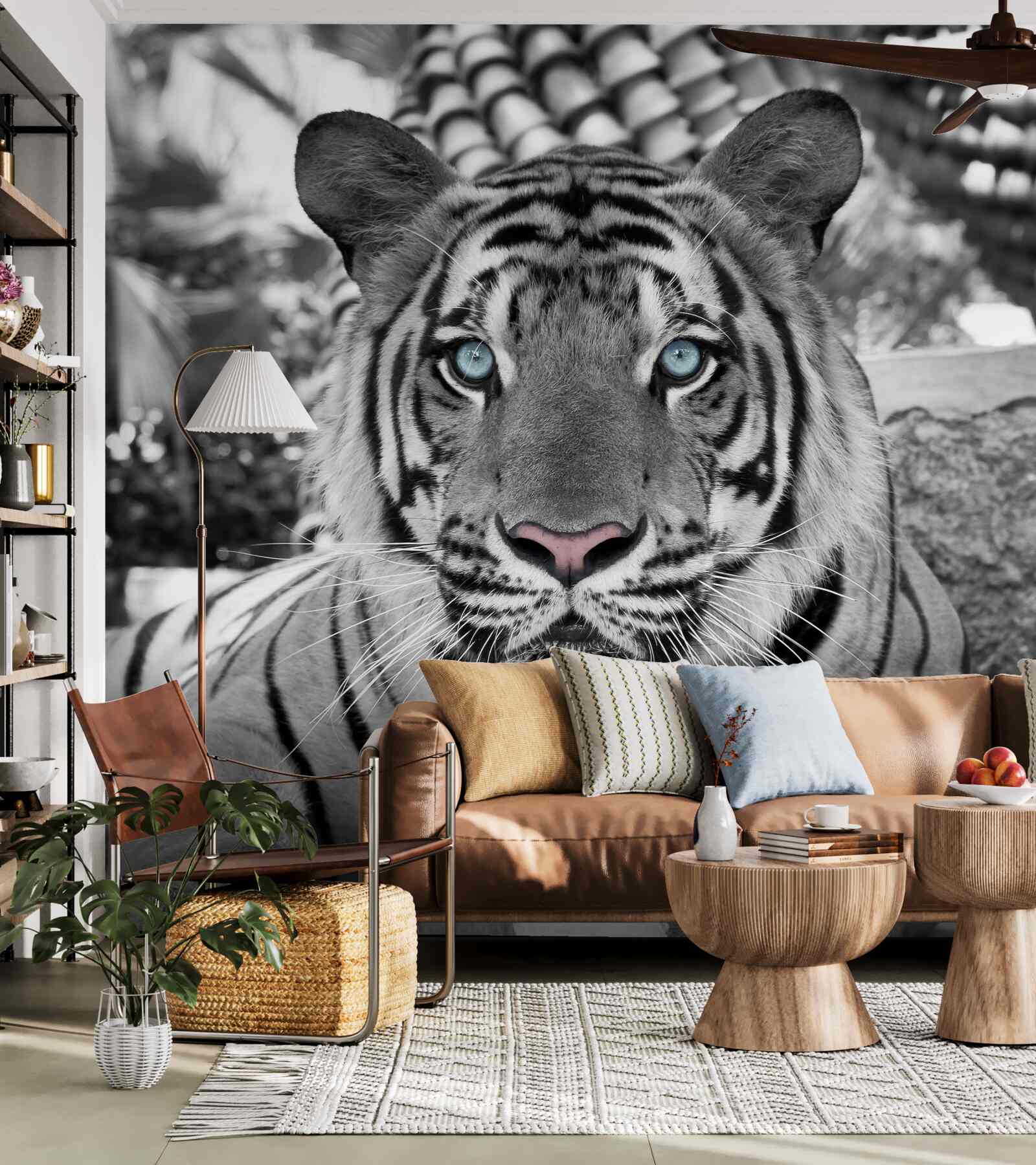 Fototapeta czarno-biały tygrys z pięknymi niebieskimi oczami