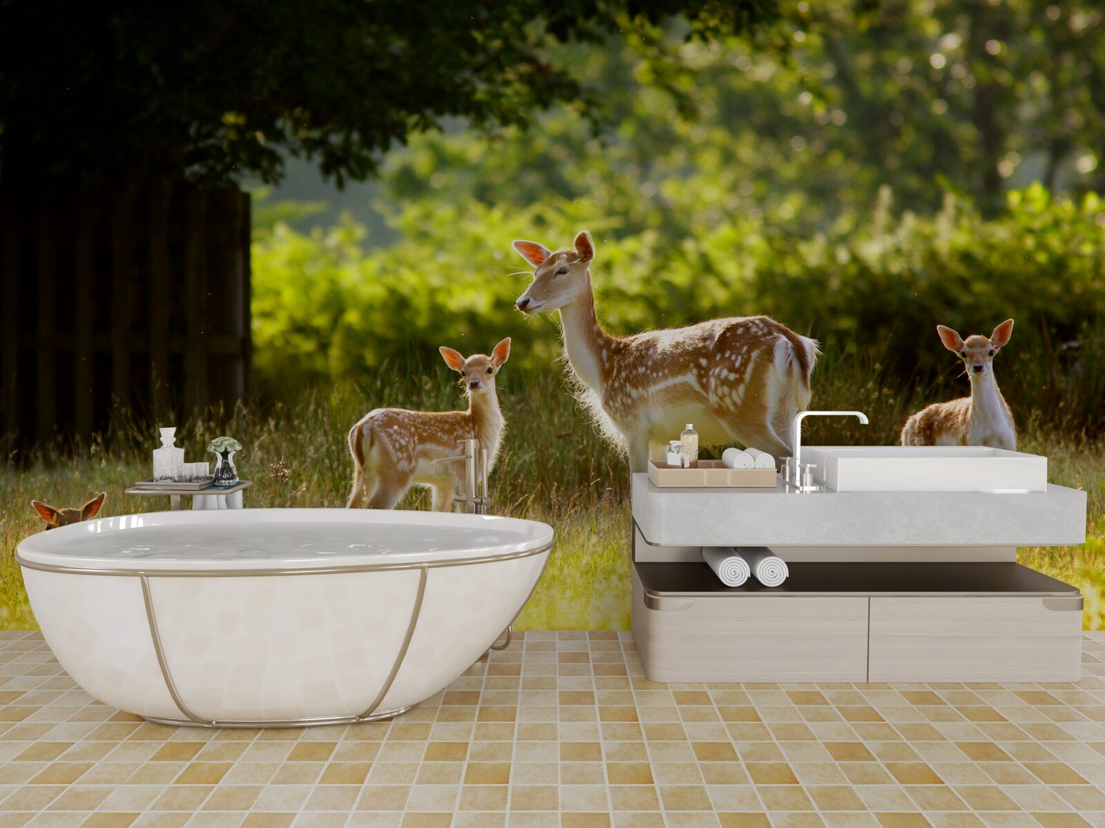 Fototapeta na polu pasie się grupa jeleni z cętkowaną sierścią