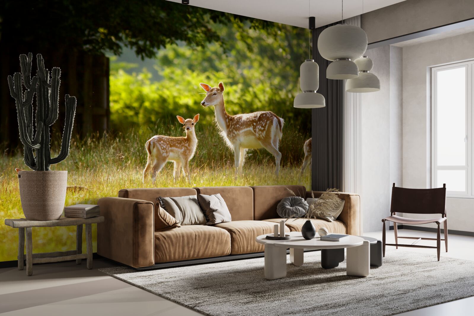 Fototapeta na polu pasie się grupa jeleni z cętkowaną sierścią