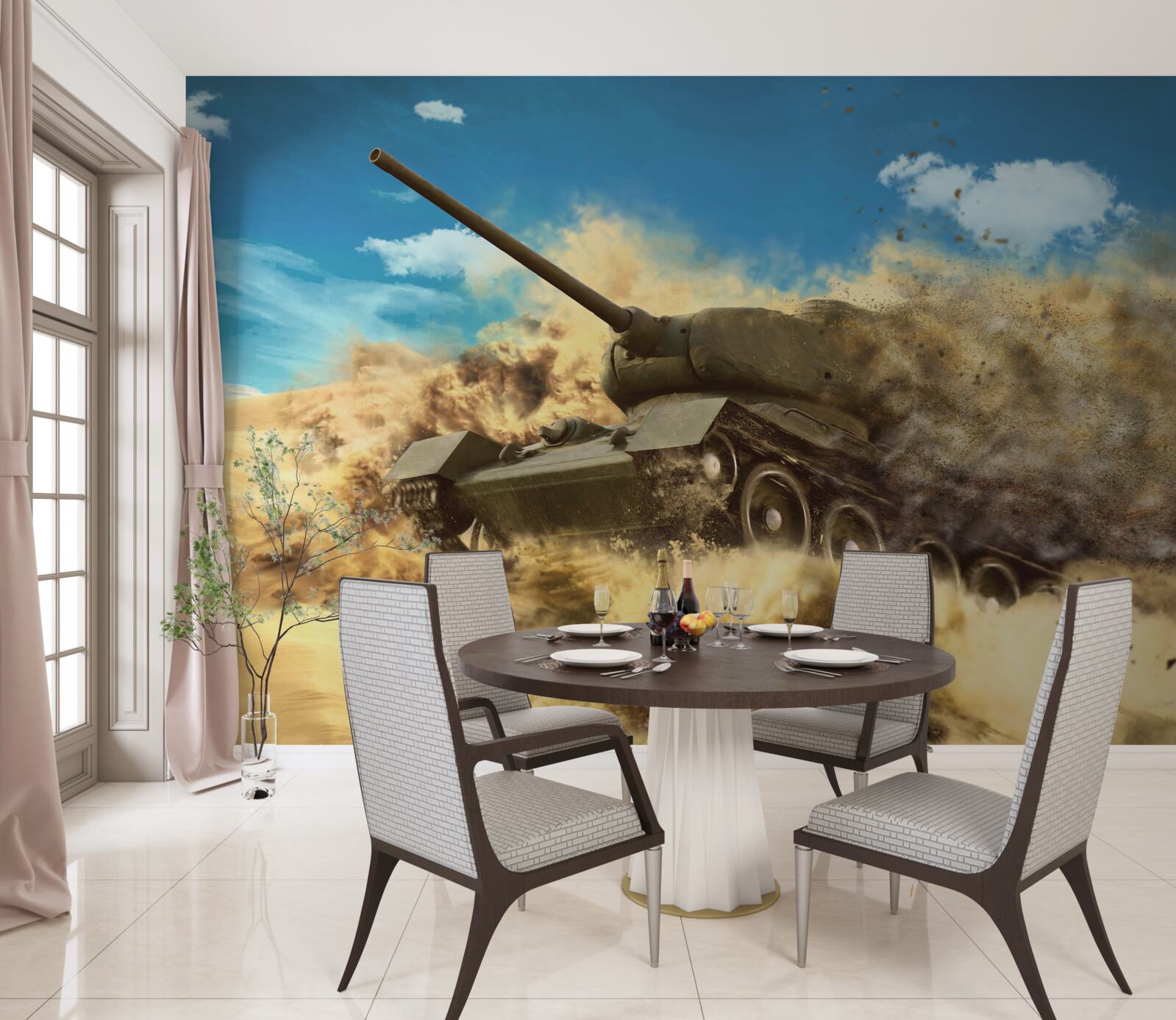 Fototapeta po piaszczystej powierzchni porusza się czołg