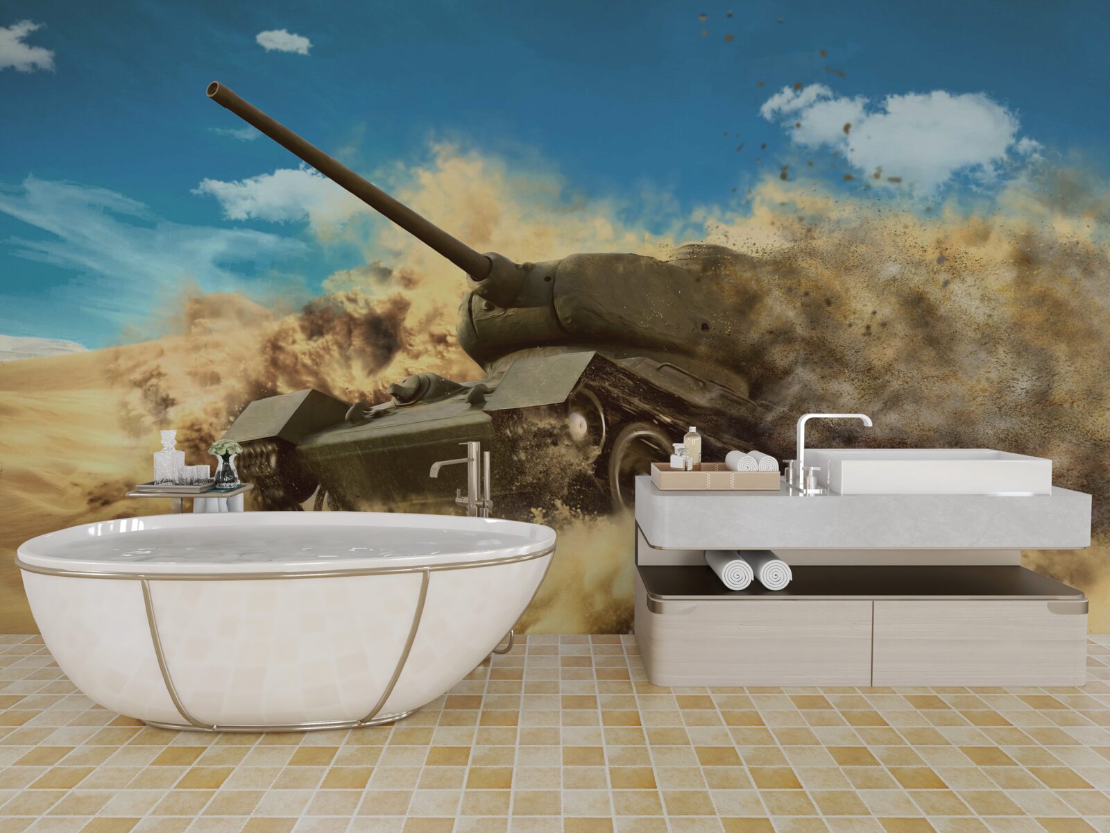 Fototapeta po piaszczystej powierzchni porusza się czołg