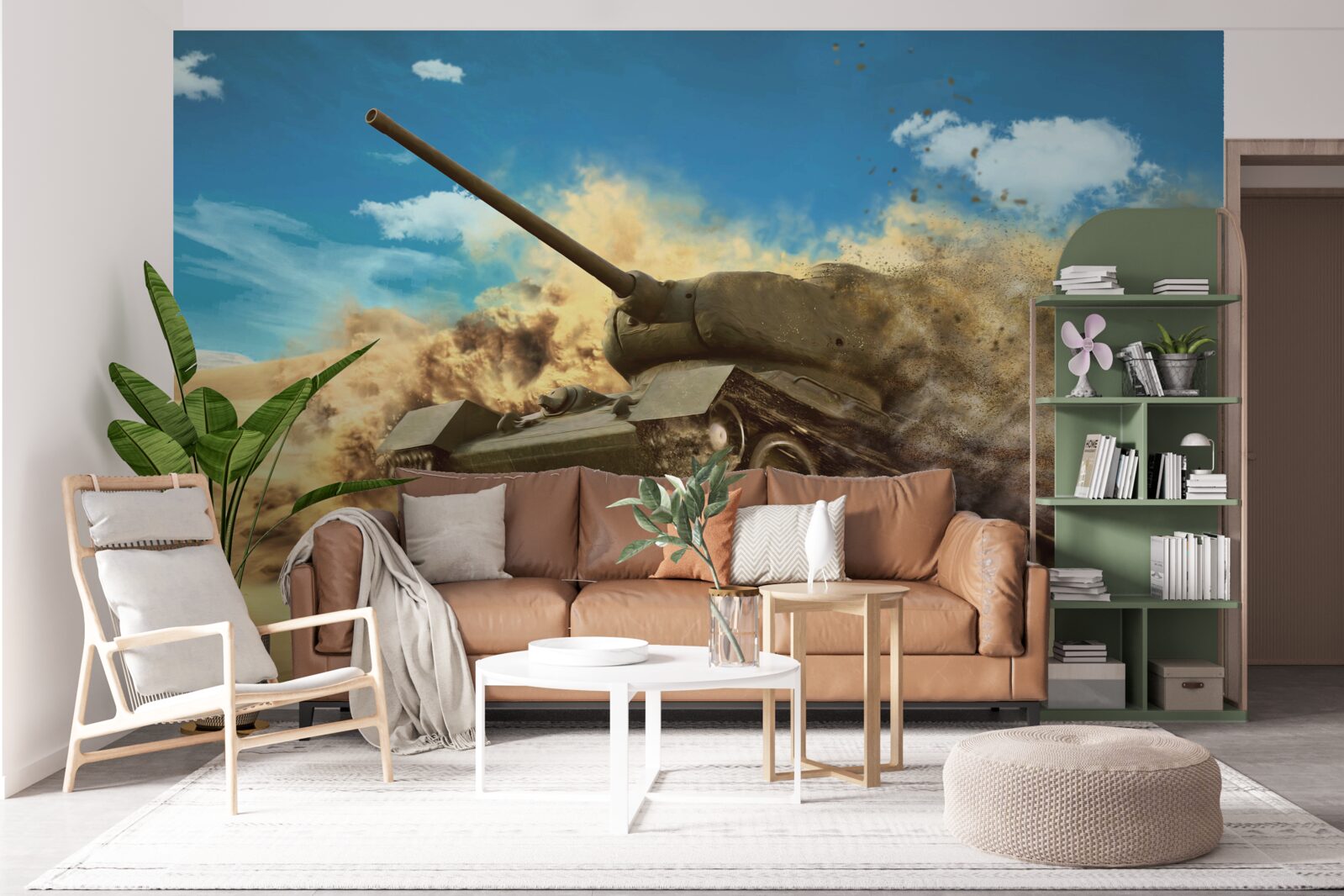 Fototapeta po piaszczystej powierzchni porusza się czołg