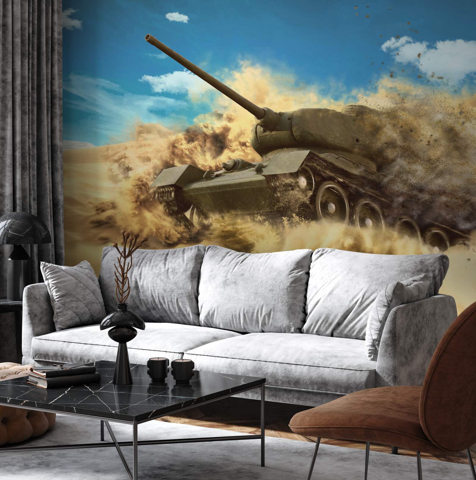 Fototapeta po piaszczystej powierzchni porusza się czołg