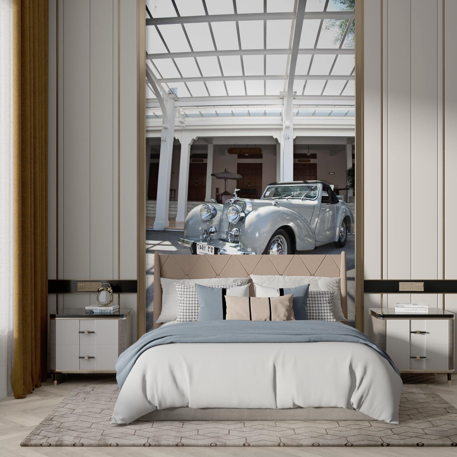 Fototapeta stary szary samochód w pobliżu budynku