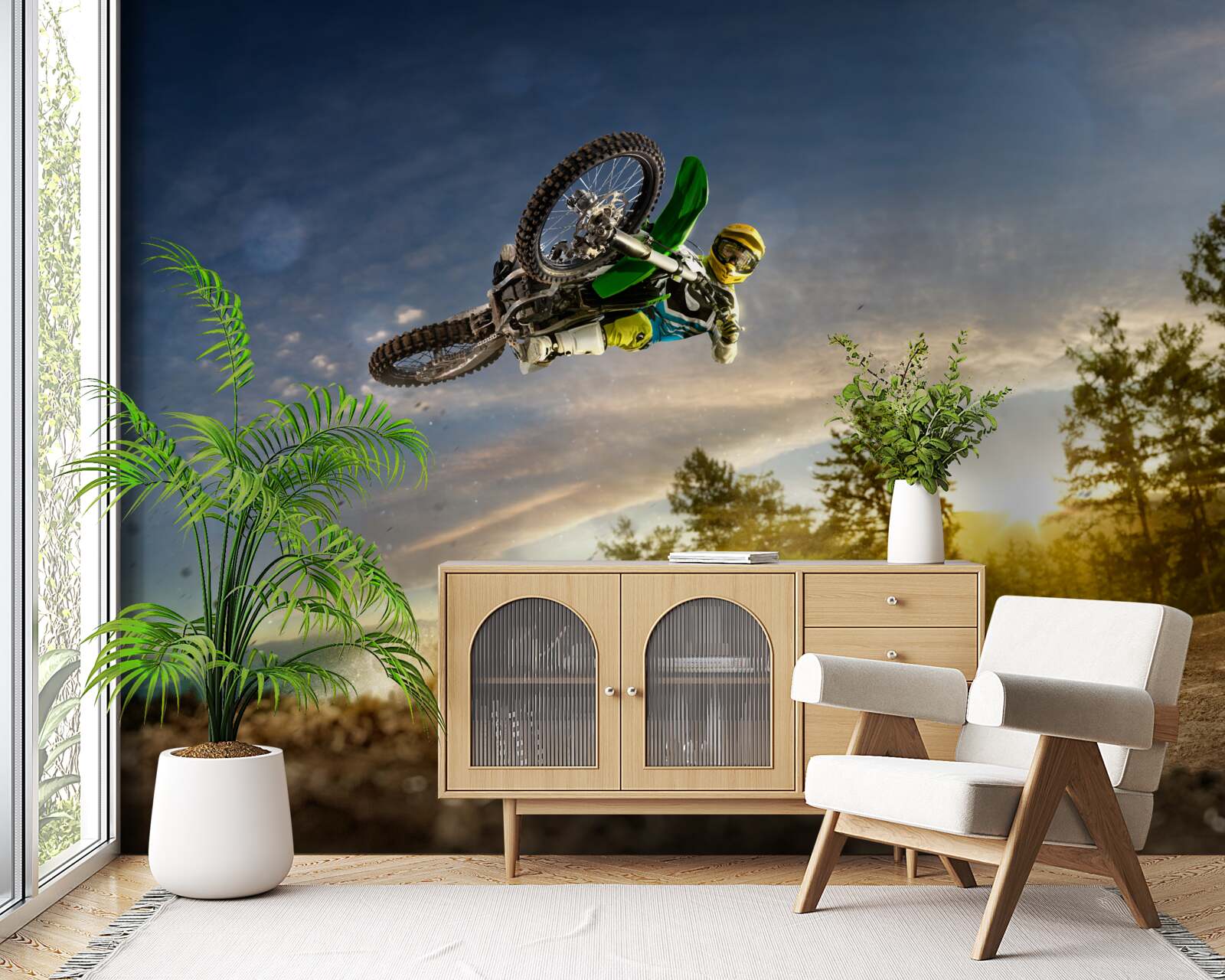 Fototapeta skoki na motocyklu o zachodzie słońca