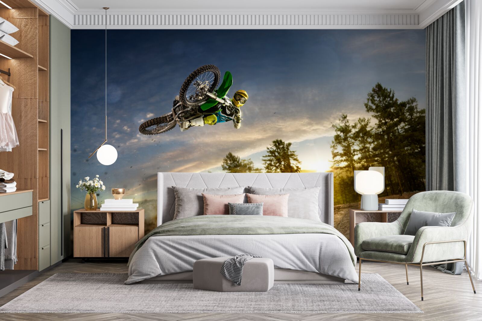 Fototapeta skoki na motocyklu o zachodzie słońca