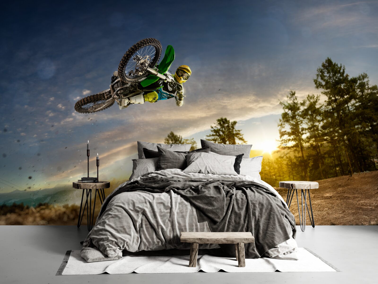 Fototapeta skoki na motocyklu o zachodzie słońca