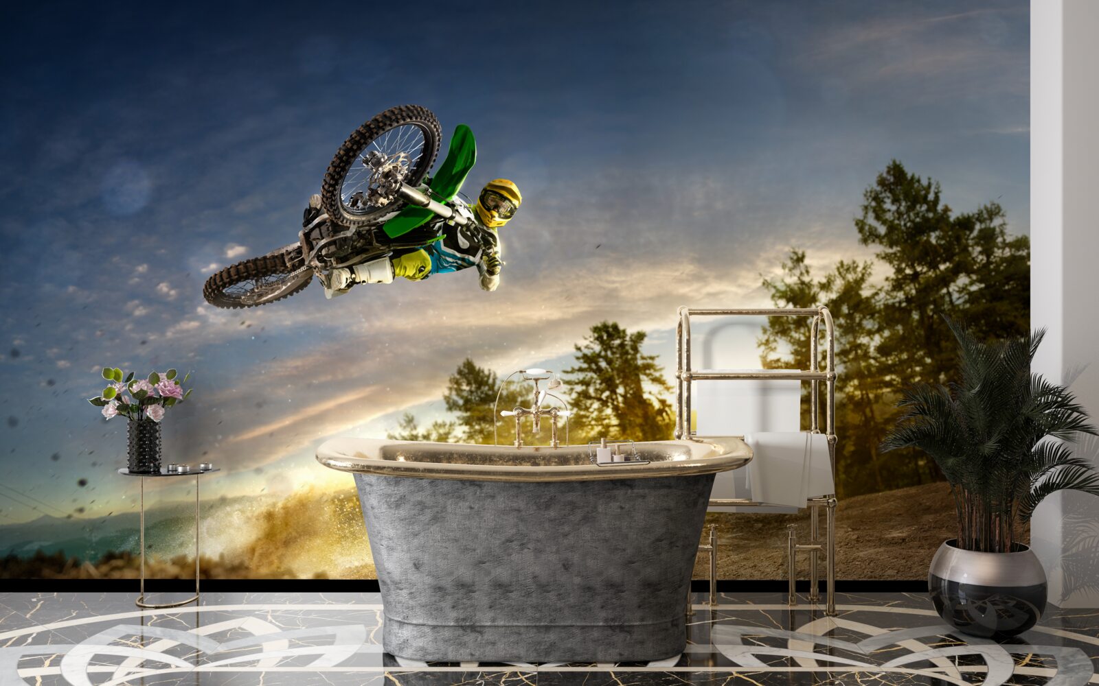 Fototapeta skoki na motocyklu o zachodzie słońca