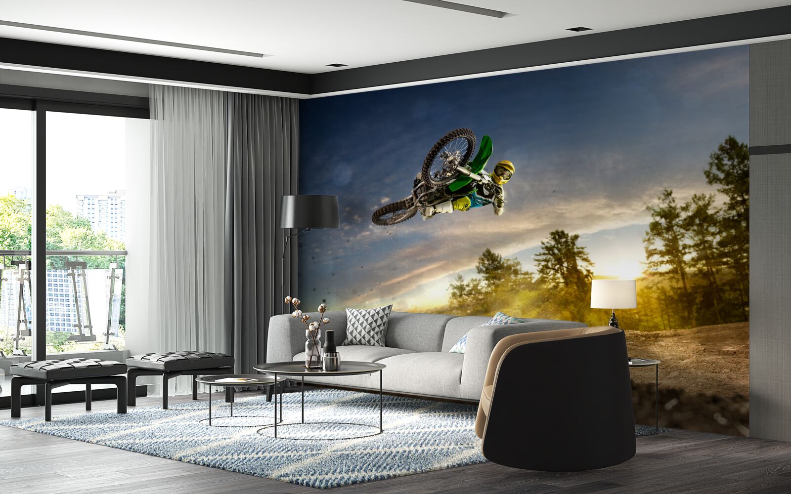 Fototapeta skoki na motocyklu o zachodzie słońca