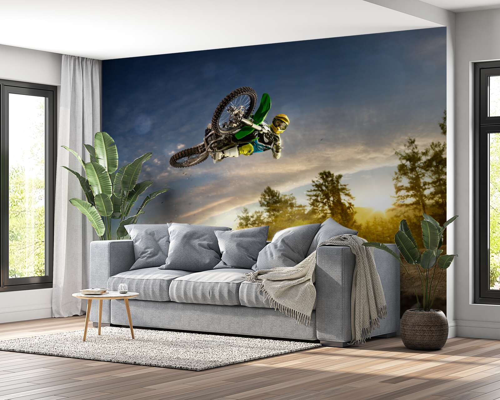 Fototapeta skoki na motocyklu o zachodzie słońca