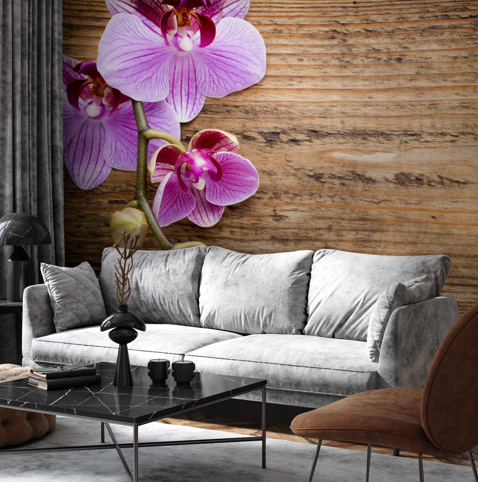 Fototapeta liliowa orchidea na pniu drzewa