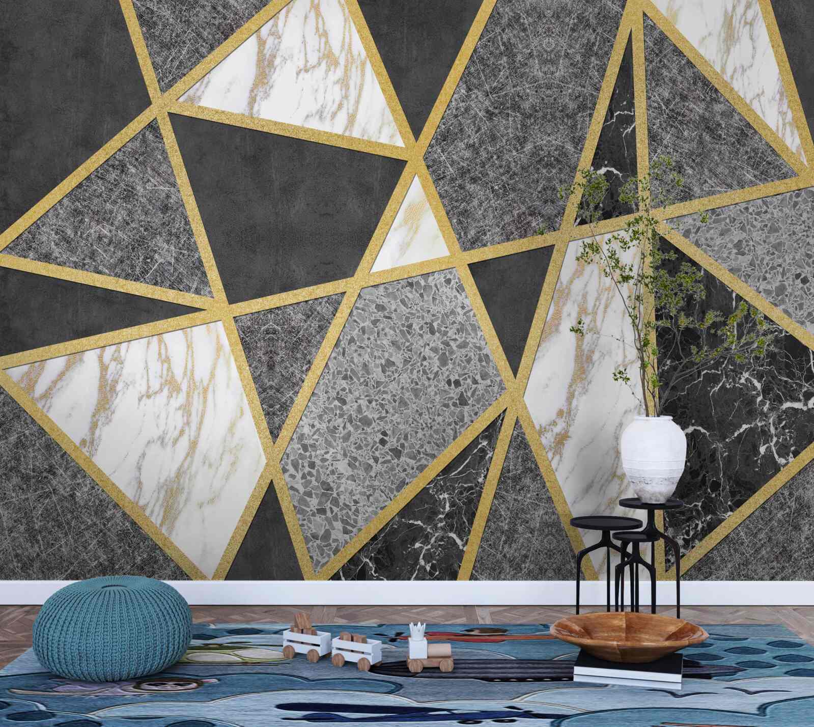 Fototapeta czarno-biała mozaika ze złotymi akcentami