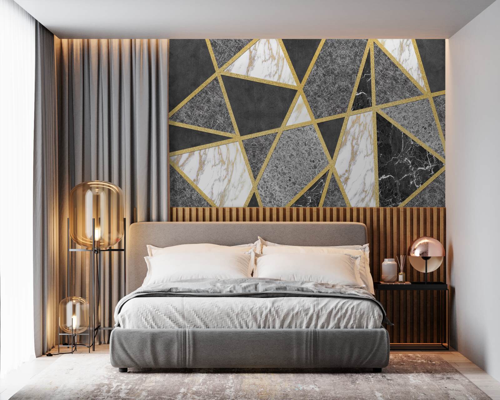 Fototapeta czarno-biała mozaika ze złotymi akcentami