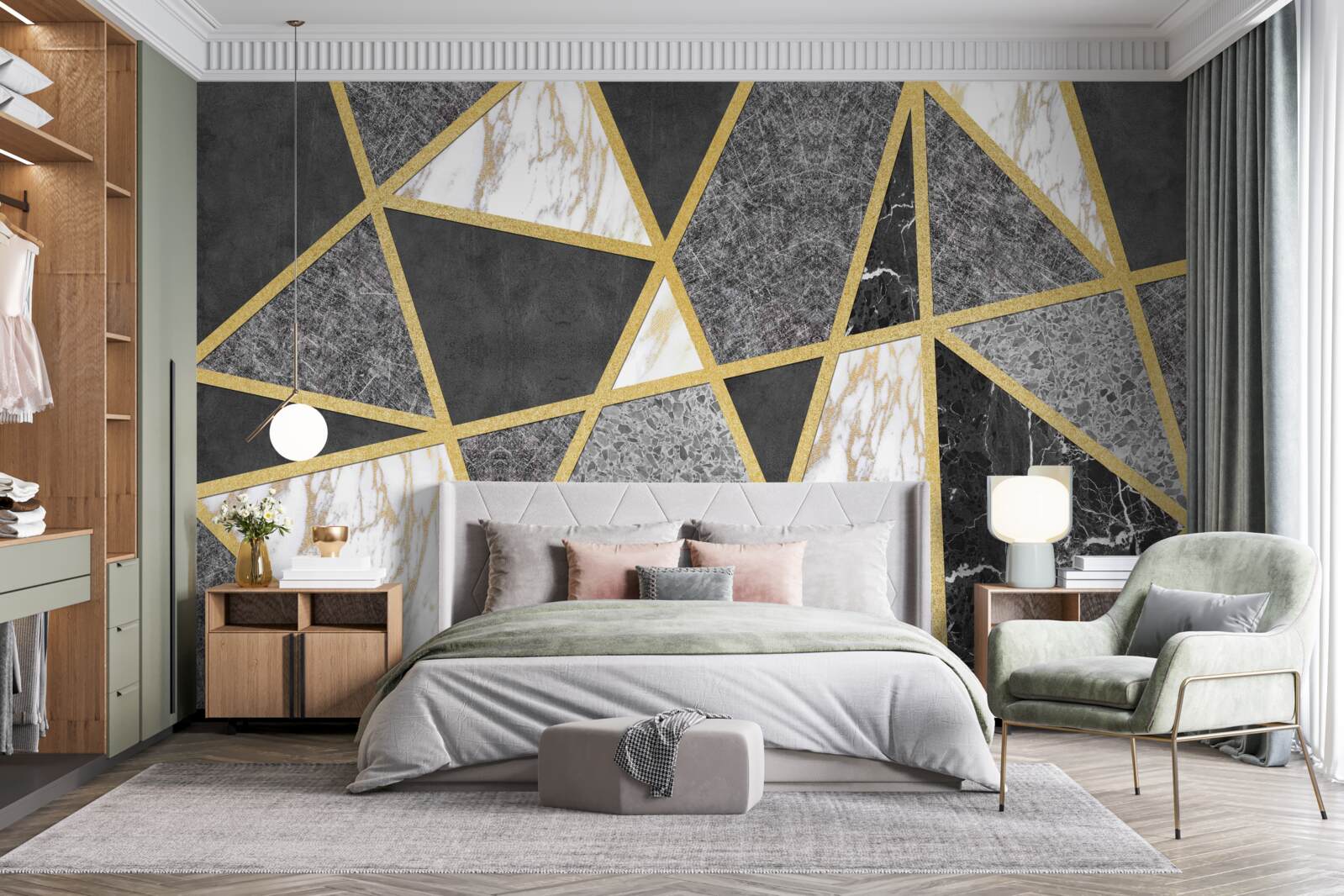 Fototapeta czarno-biała mozaika ze złotymi akcentami