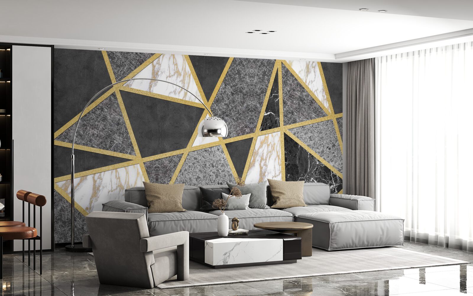 Fototapeta czarno-biała mozaika ze złotymi akcentami