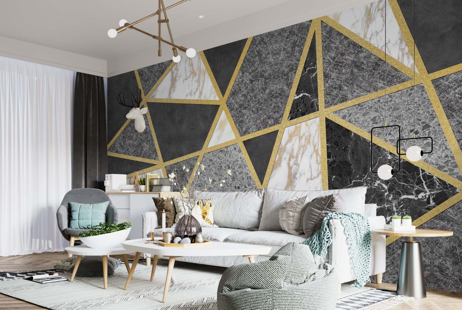 Fototapeta czarno-biała mozaika ze złotymi akcentami