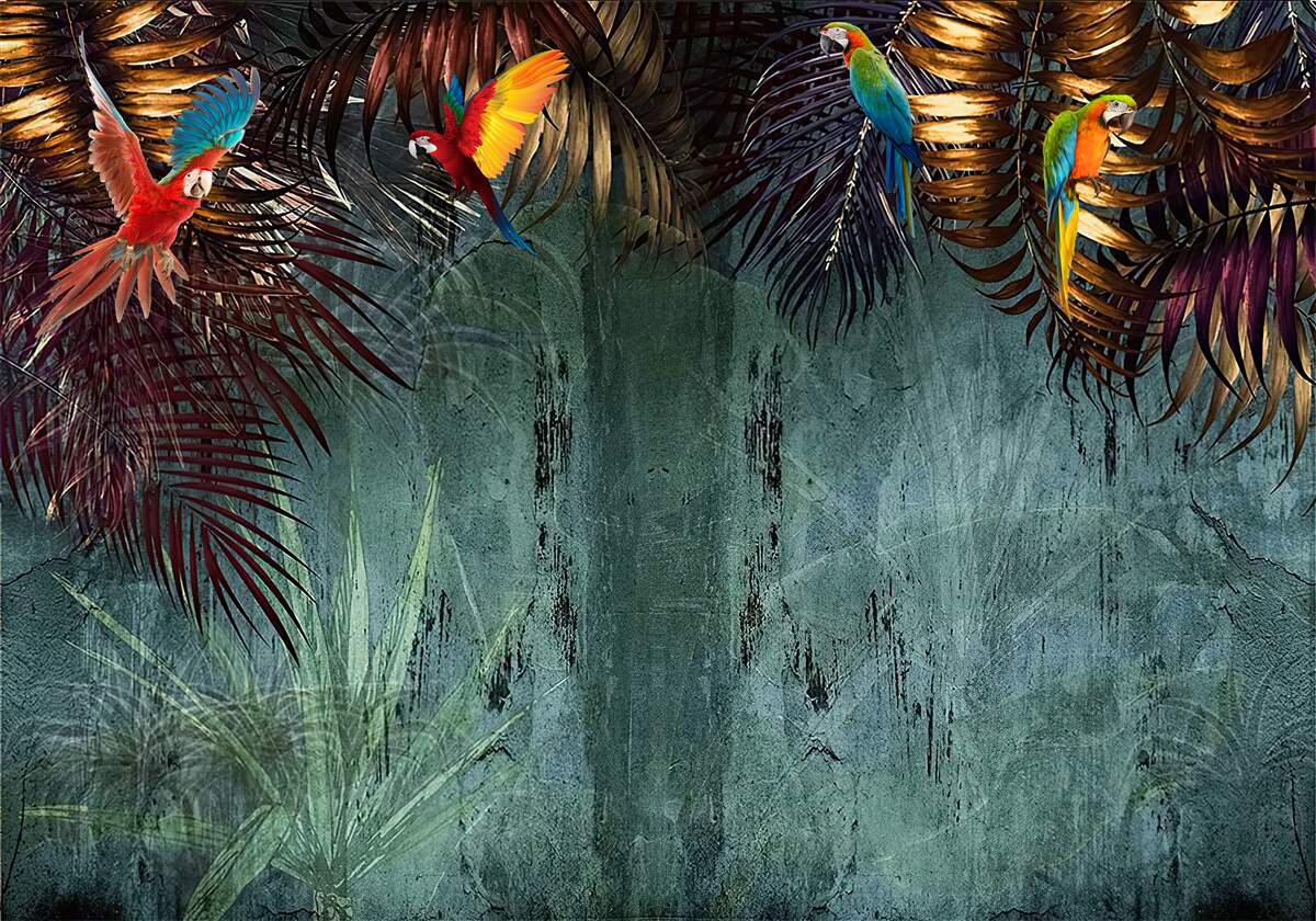 Fototapeta wieczorem papugi siedzą na tropikalnych liściach