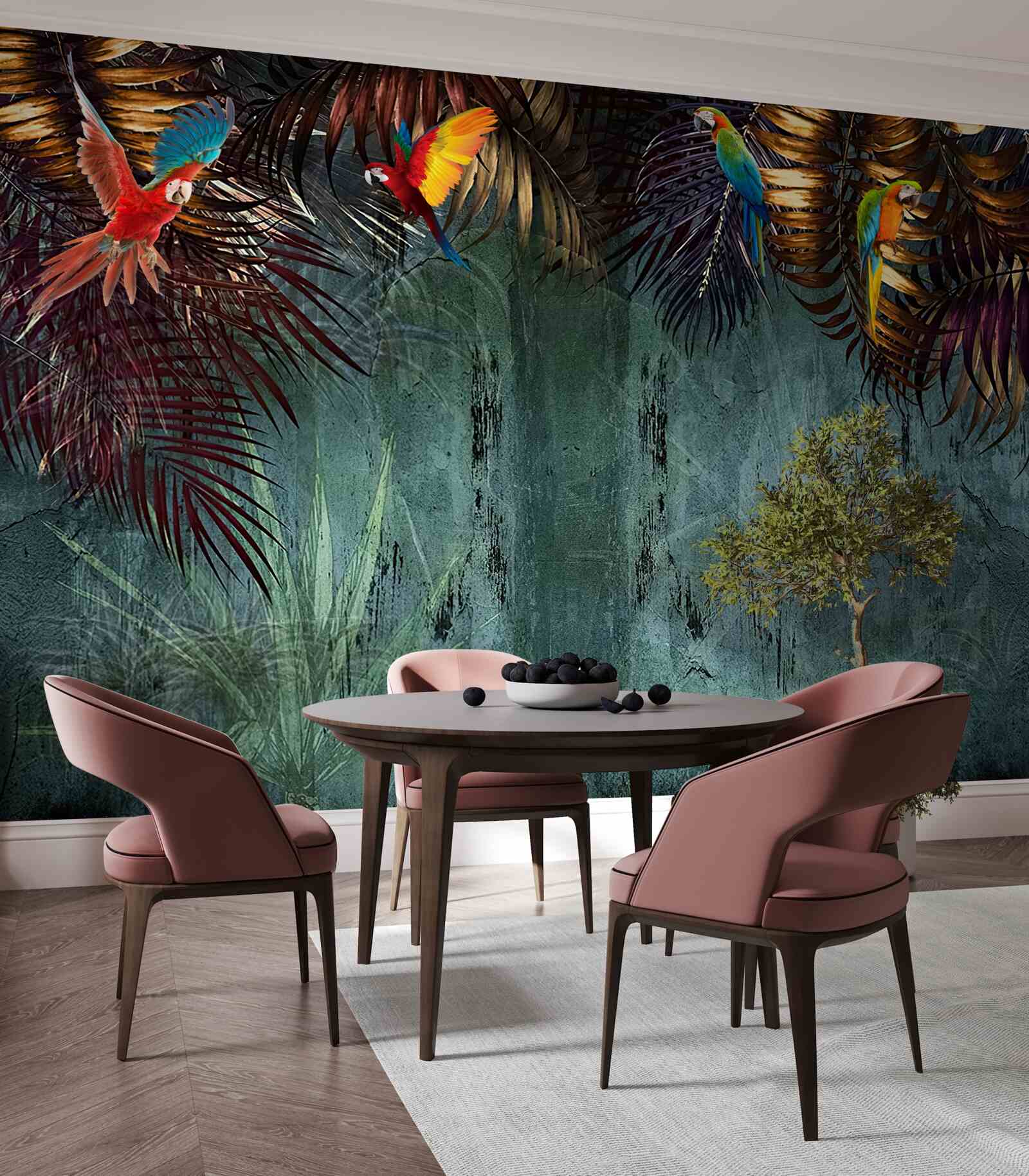 Fototapeta wieczorem papugi siedzą na tropikalnych liściach