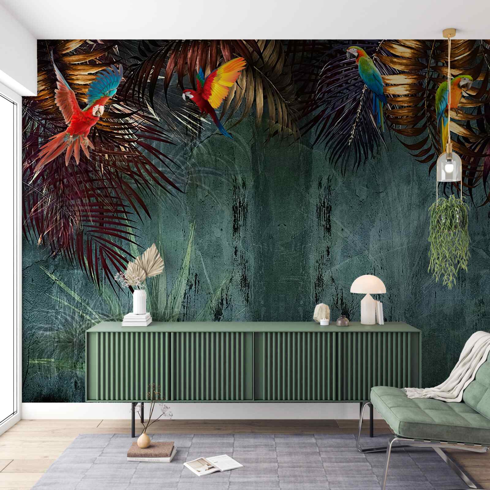 Fototapeta wieczorem papugi siedzą na tropikalnych liściach