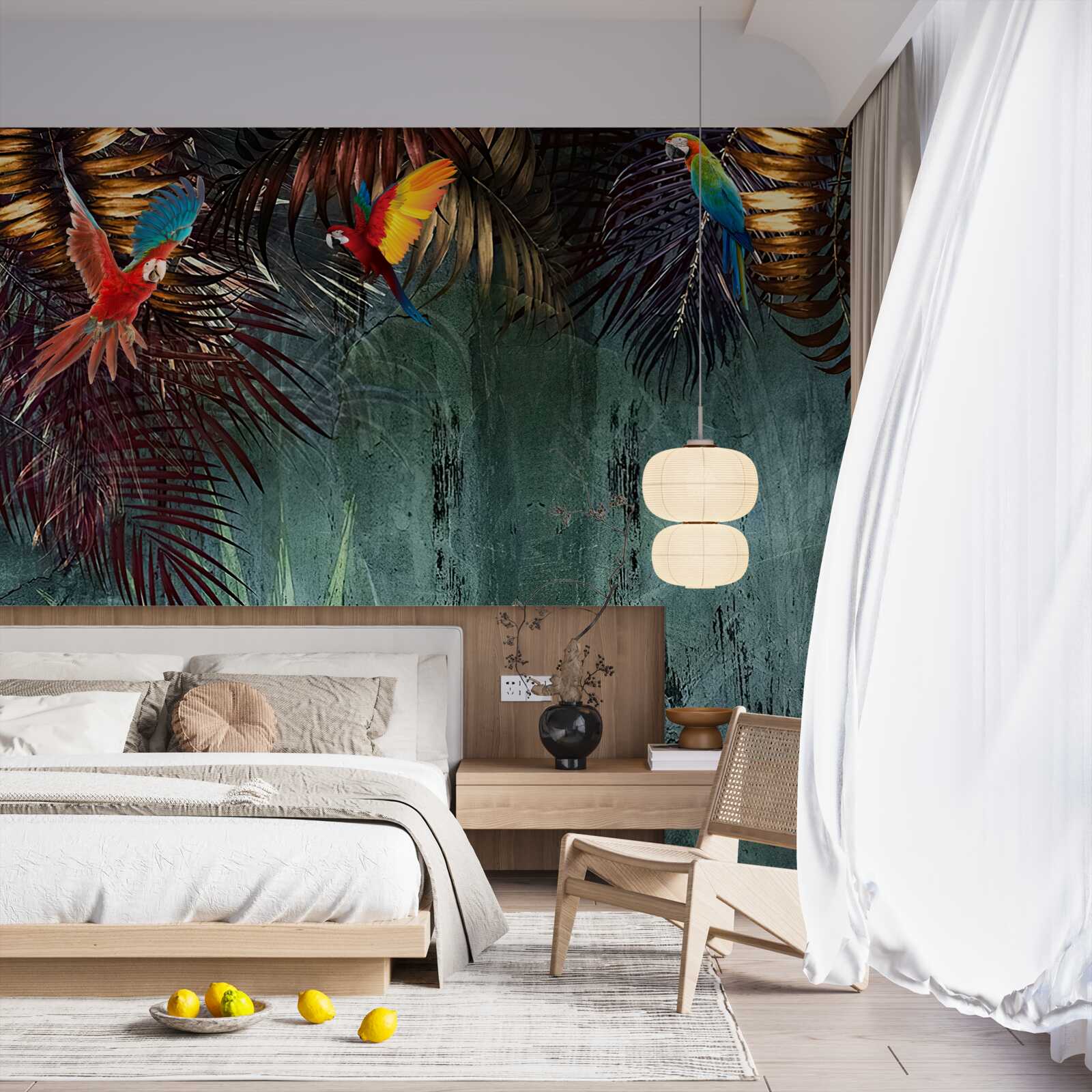 Fototapeta wieczorem papugi siedzą na tropikalnych liściach