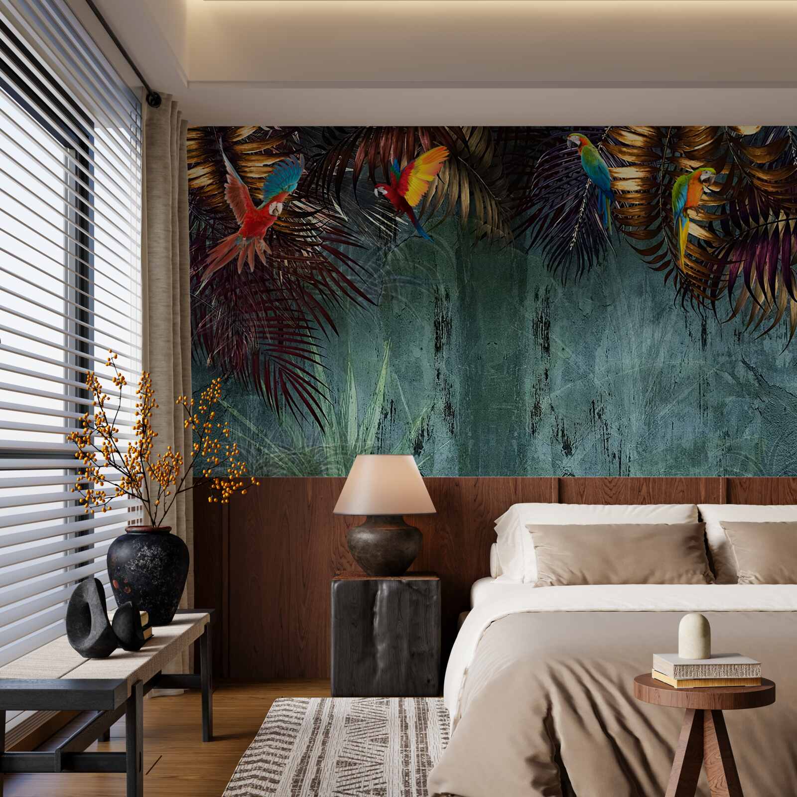 Fototapeta wieczorem papugi siedzą na tropikalnych liściach