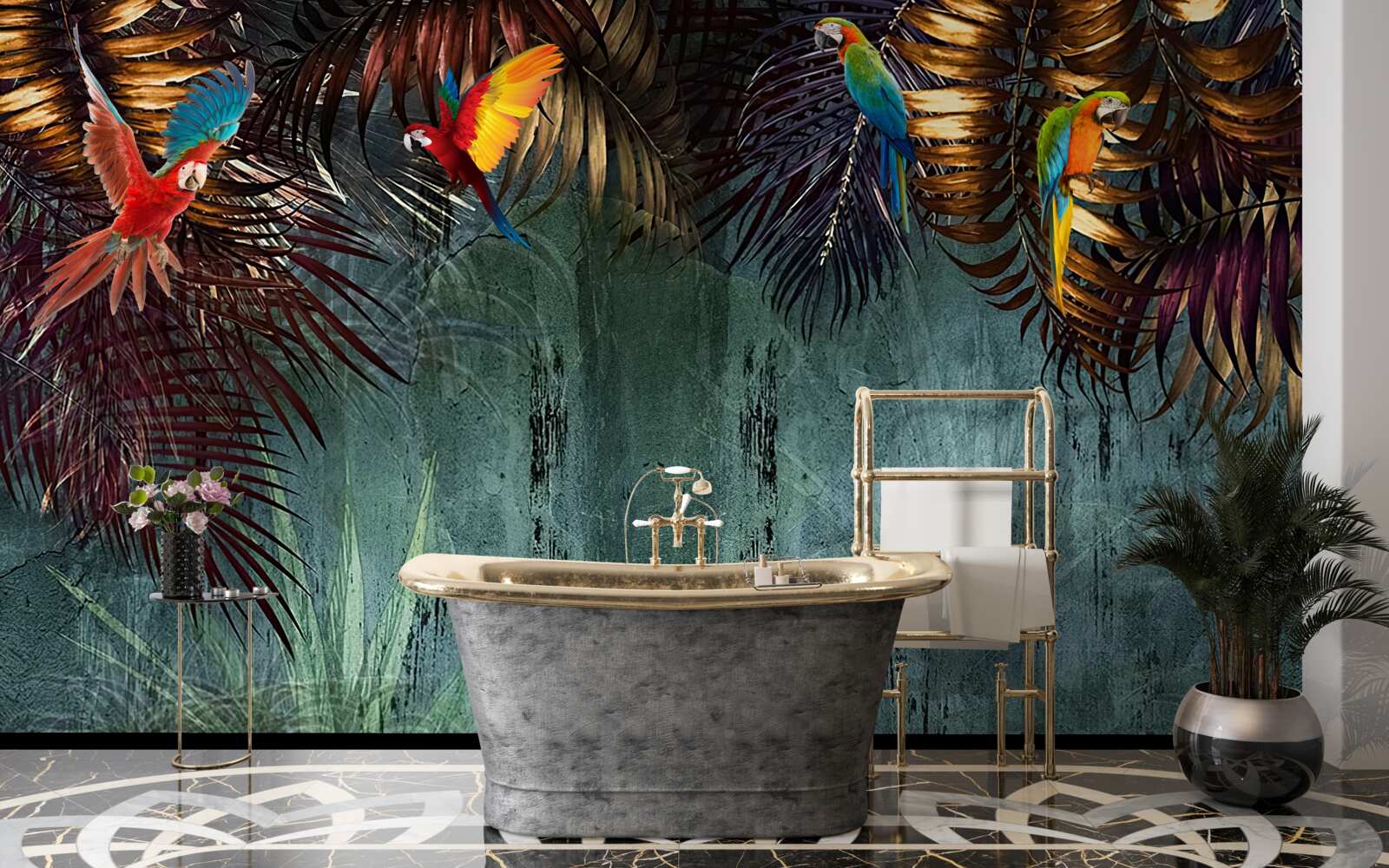 Fototapeta wieczorem papugi siedzą na tropikalnych liściach