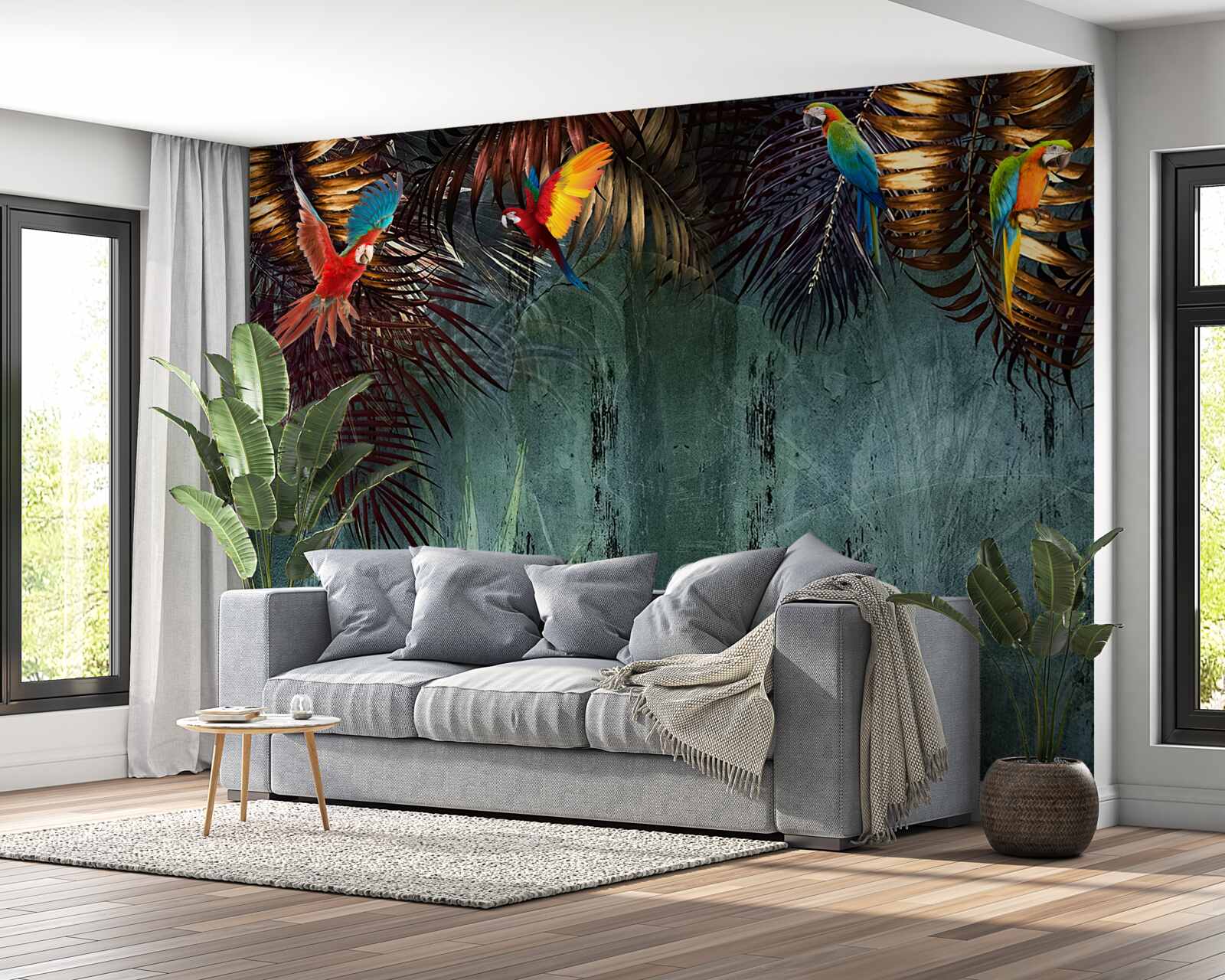 Fototapeta wieczorem papugi siedzą na tropikalnych liściach