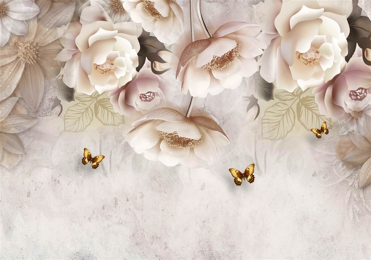 Fototapeta róże w odcieniach kremu i jasnych motyli