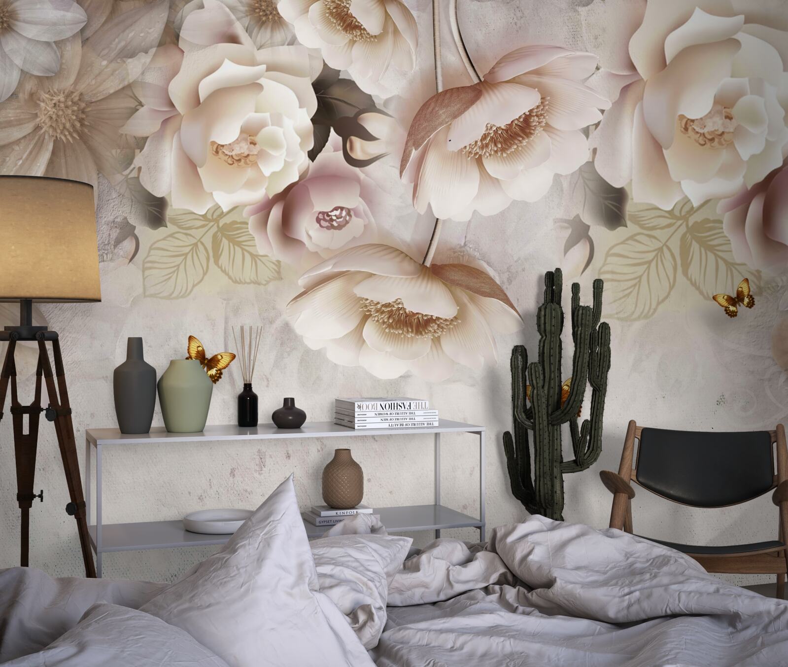 Fototapeta róże w odcieniach kremu i jasnych motyli