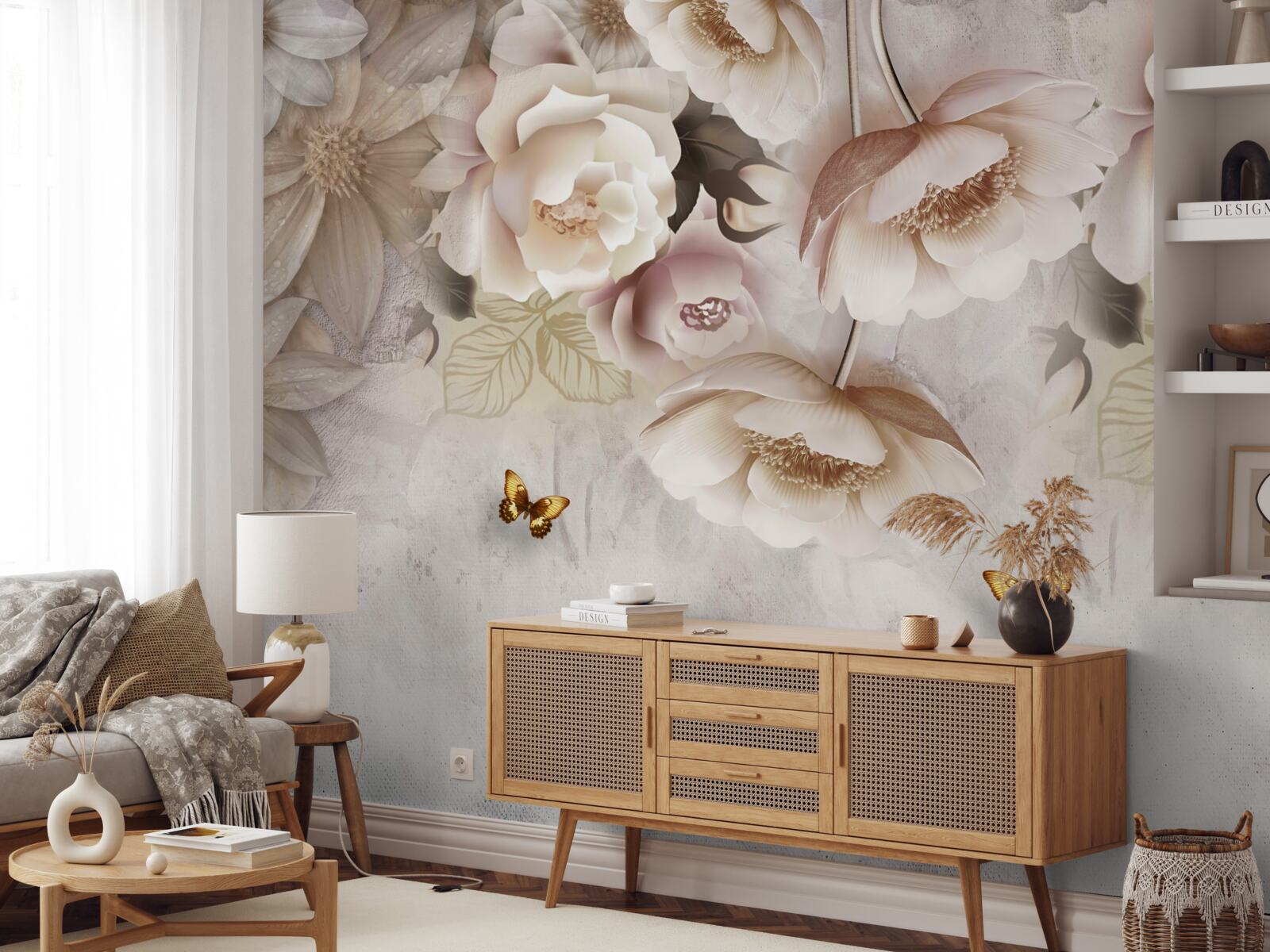 Fototapeta róże w odcieniach kremu i jasnych motyli