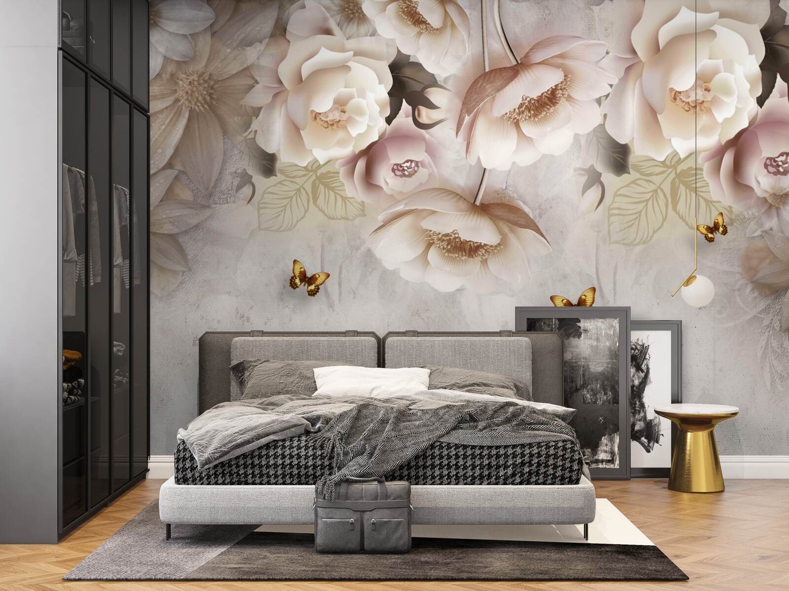 Fototapeta róże w odcieniach kremu i jasnych motyli