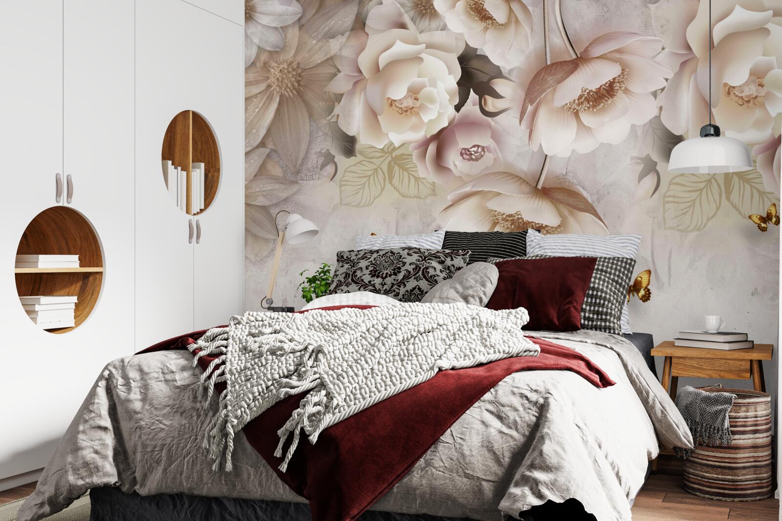 Fototapeta róże w odcieniach kremu i jasnych motyli