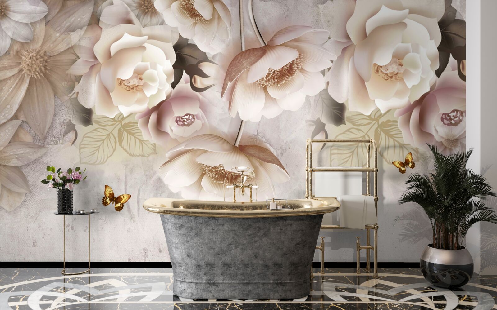 Fototapeta róże w odcieniach kremu i jasnych motyli