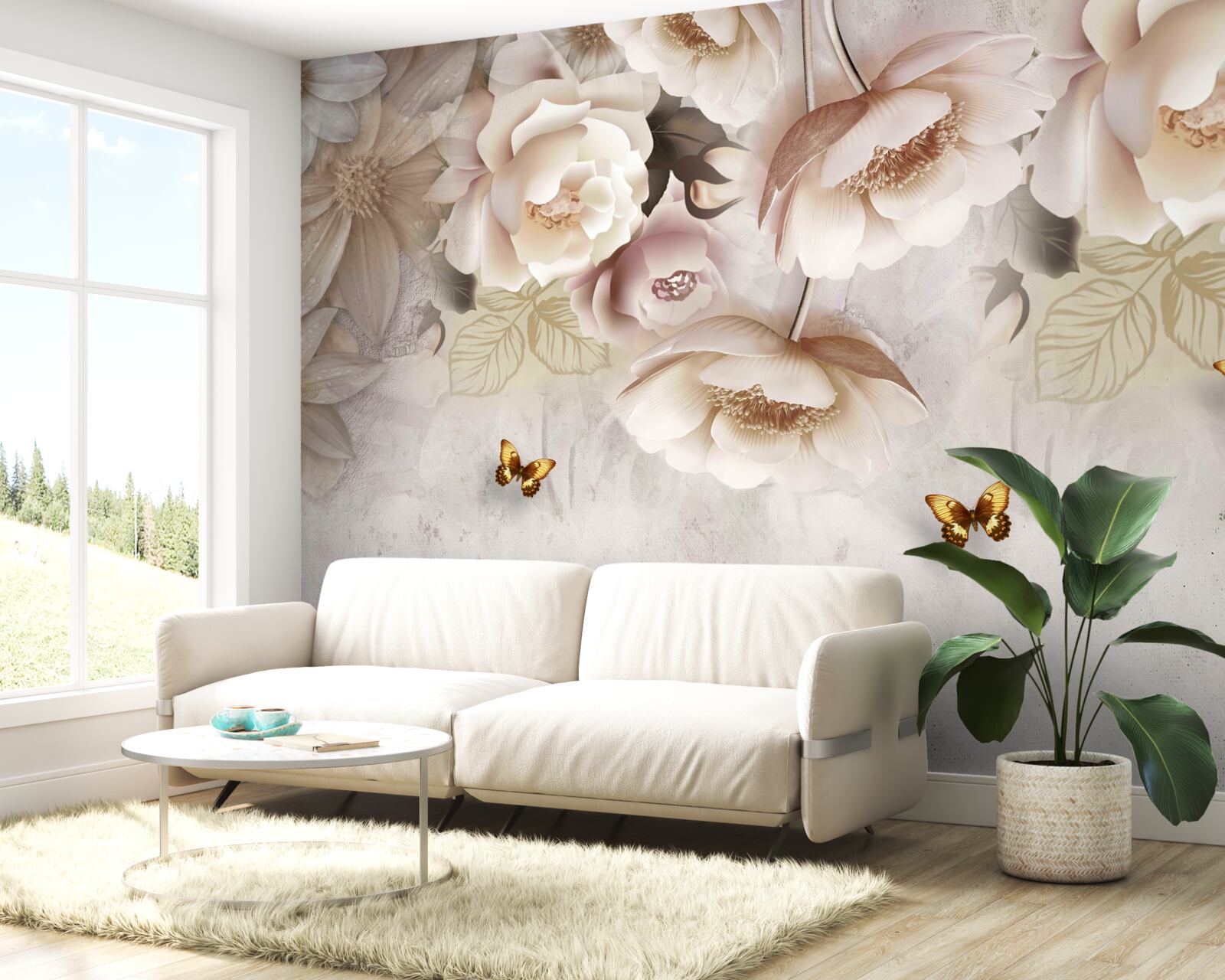 Fototapeta róże w odcieniach kremu i jasnych motyli