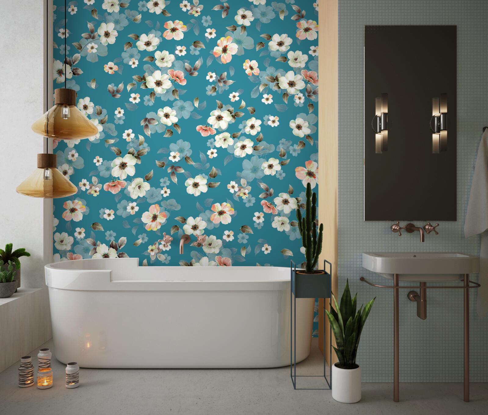 Fototapeta małe kwiaty na niebieskiej podstawie