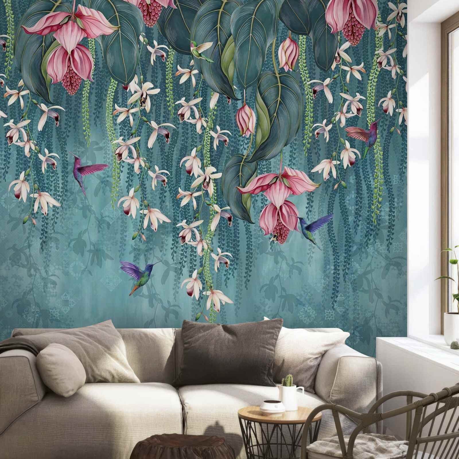 Fototapeta kwiaty i zielone gałęzie zwisające z góry oraz kolibry