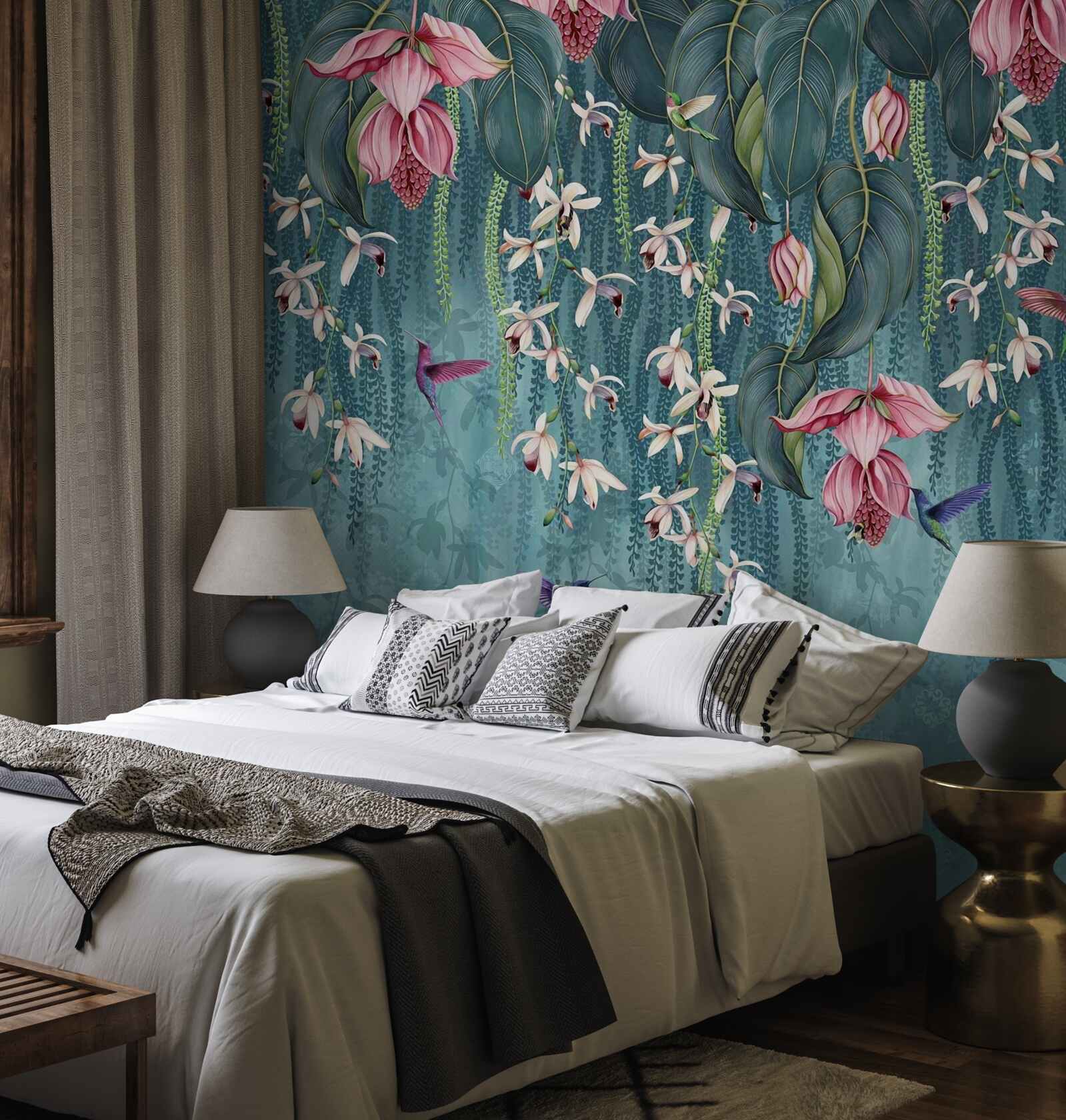 Fototapeta kwiaty i zielone gałęzie zwisające z góry oraz kolibry