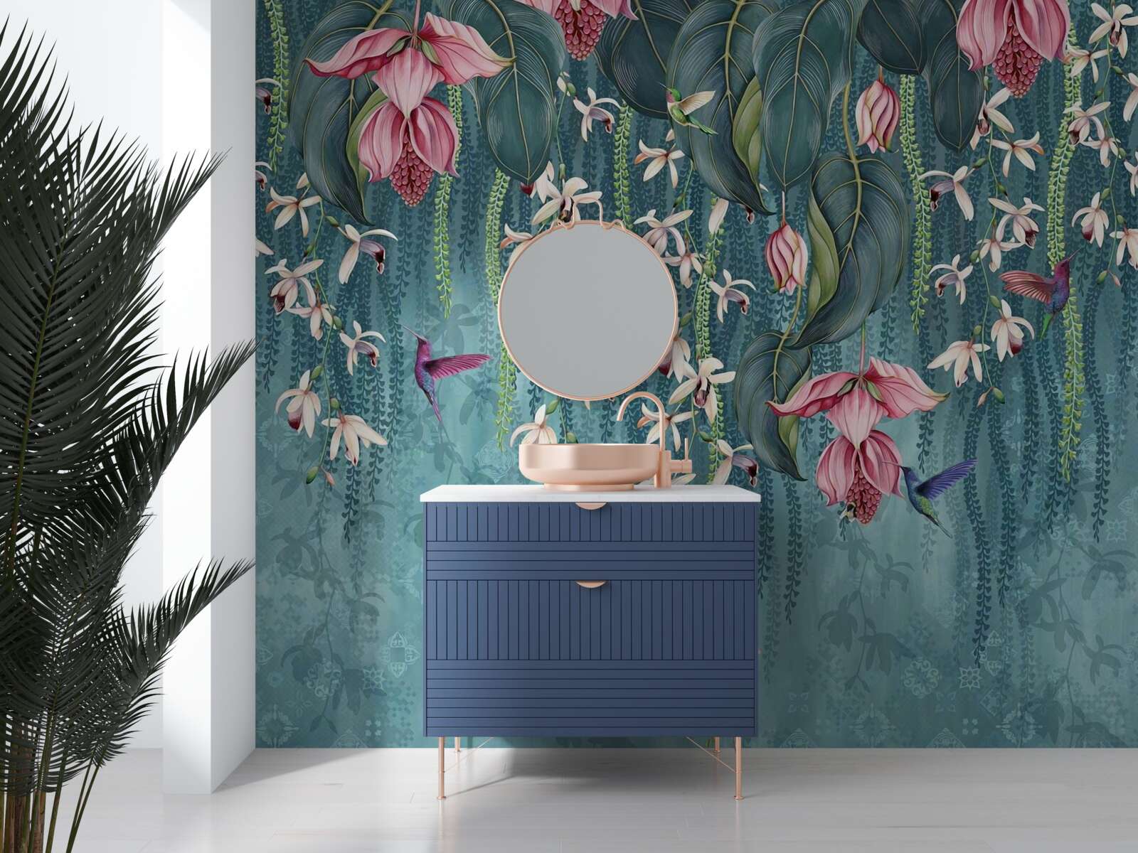 Fototapeta kwiaty i zielone gałęzie zwisające z góry oraz kolibry